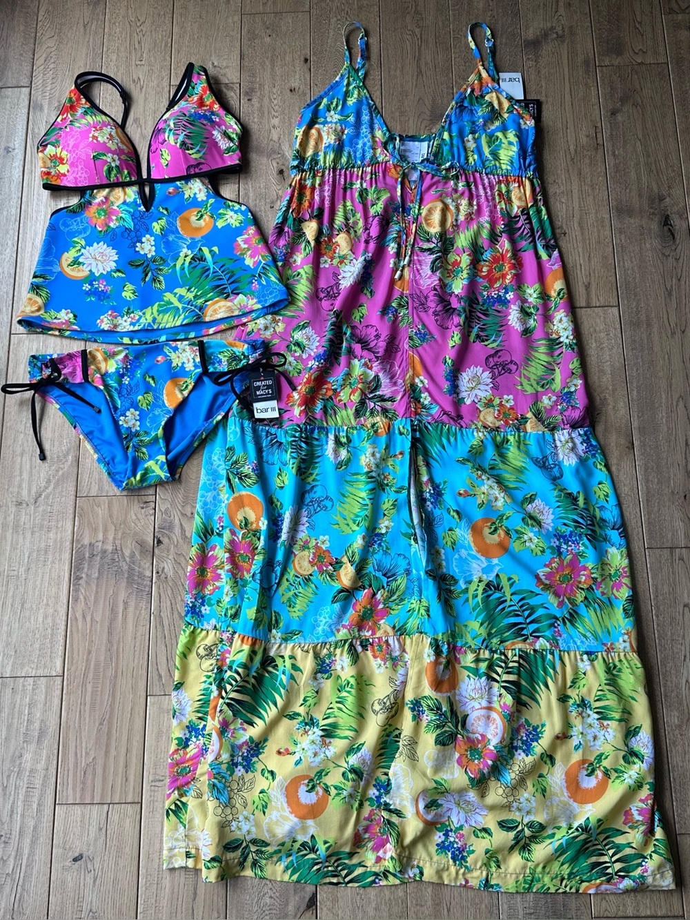NEW Bar III Printed Plunge-Neck Tankini and Coverup Maxi Dress size Medium